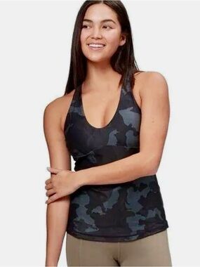 prAna Layna Bra Tank Scoop Neck Cross Back Black Camo Yoga Workout Small